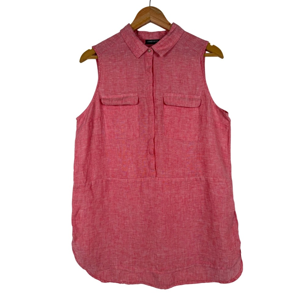 Jones New York Sleeveless Tunic Womens Large Coral Pink 100% Linen Button Up Top
